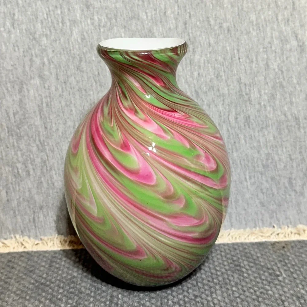 Burton Hand Blown Art Glass Bud Vase Pink Green White Swirl Marbled 6 Inch